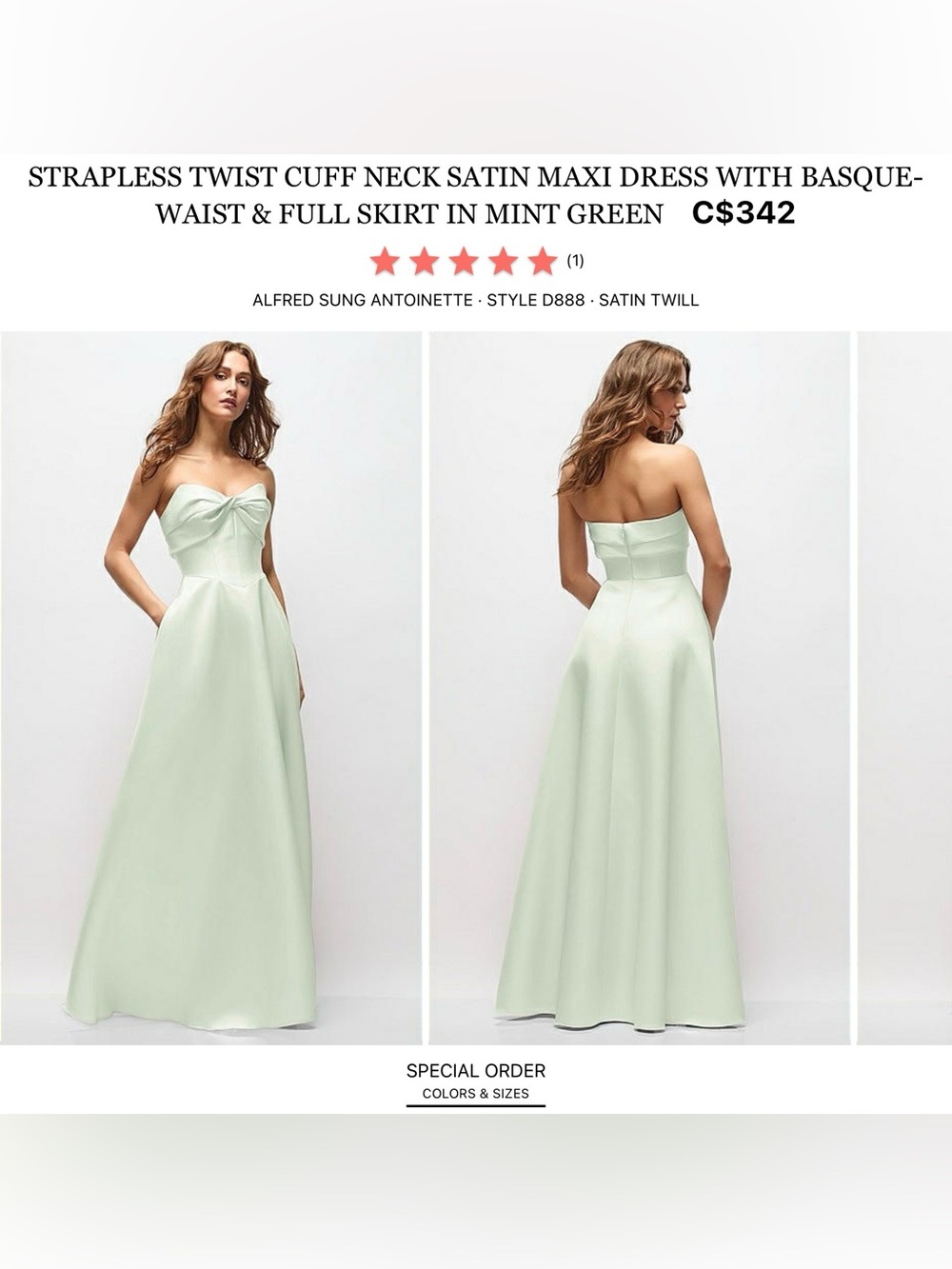 ALFRED SUNG Strapless Mint Green Satin Twist-Cuff Maxi Dress